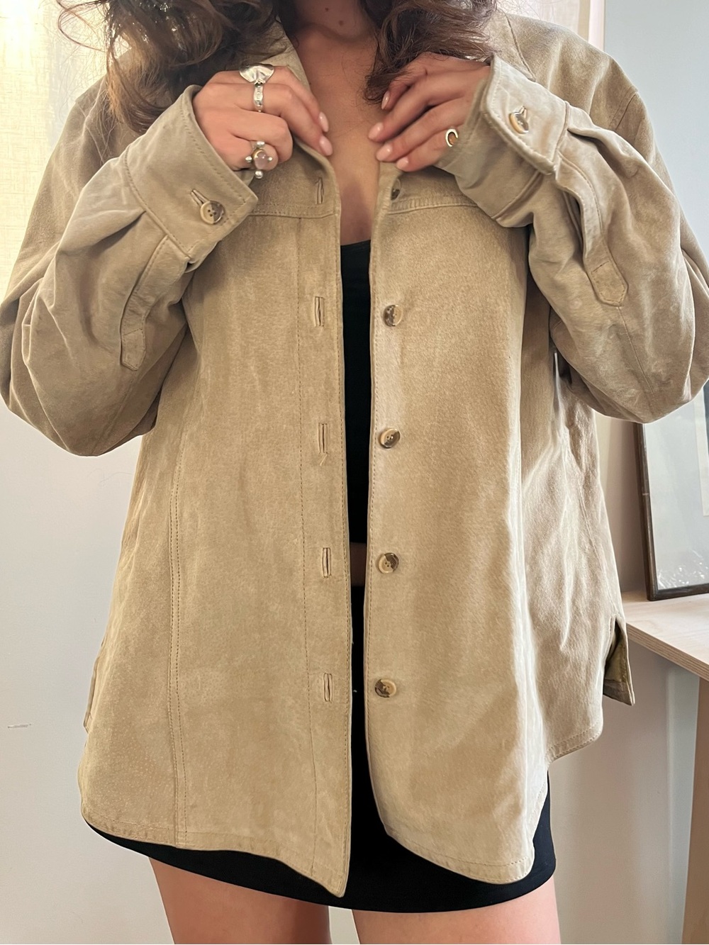 Vintage Classic Oversized 100% Suede Shacket, Tan